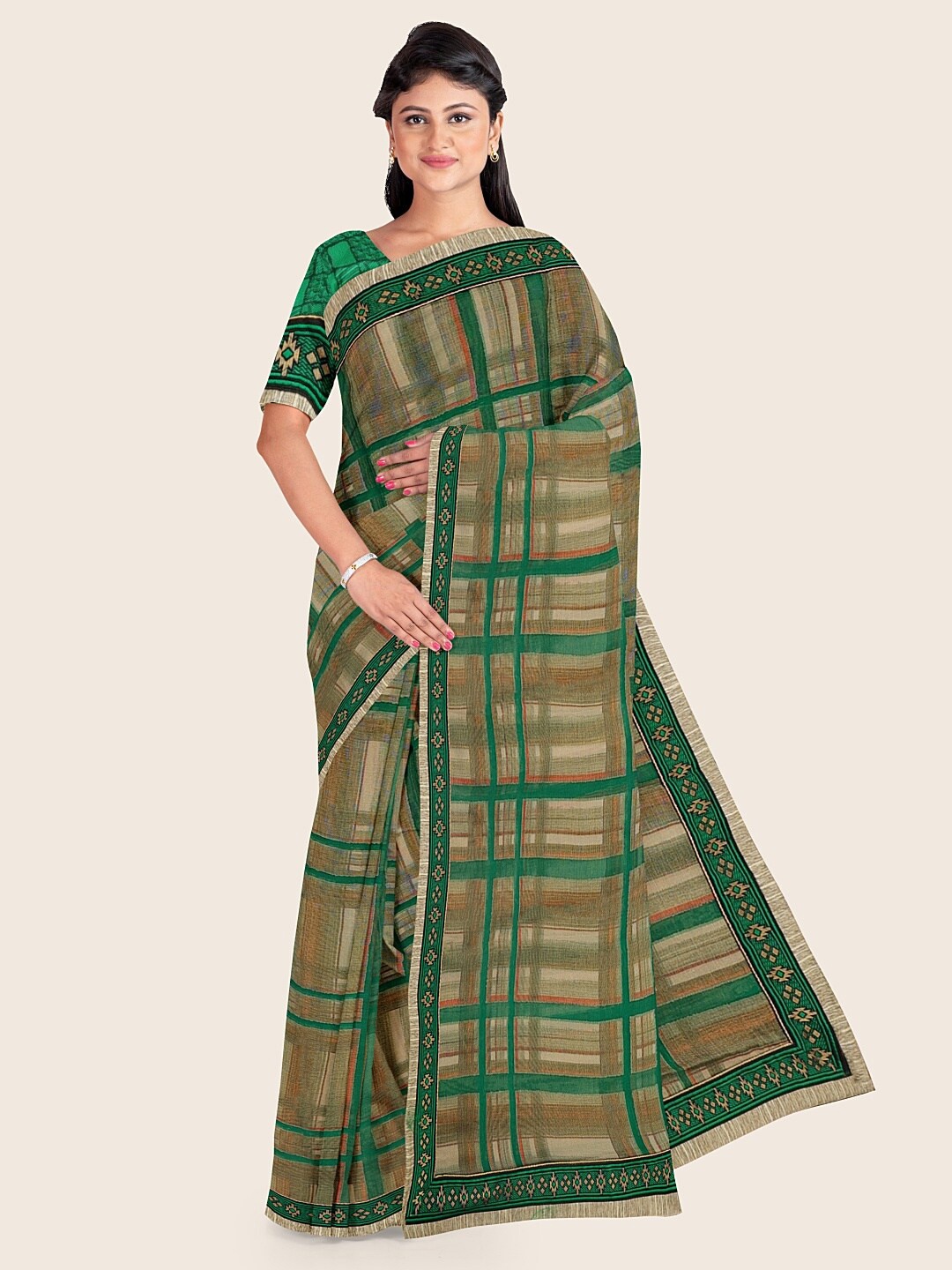 

Pothys Grey & Green Checked Saree