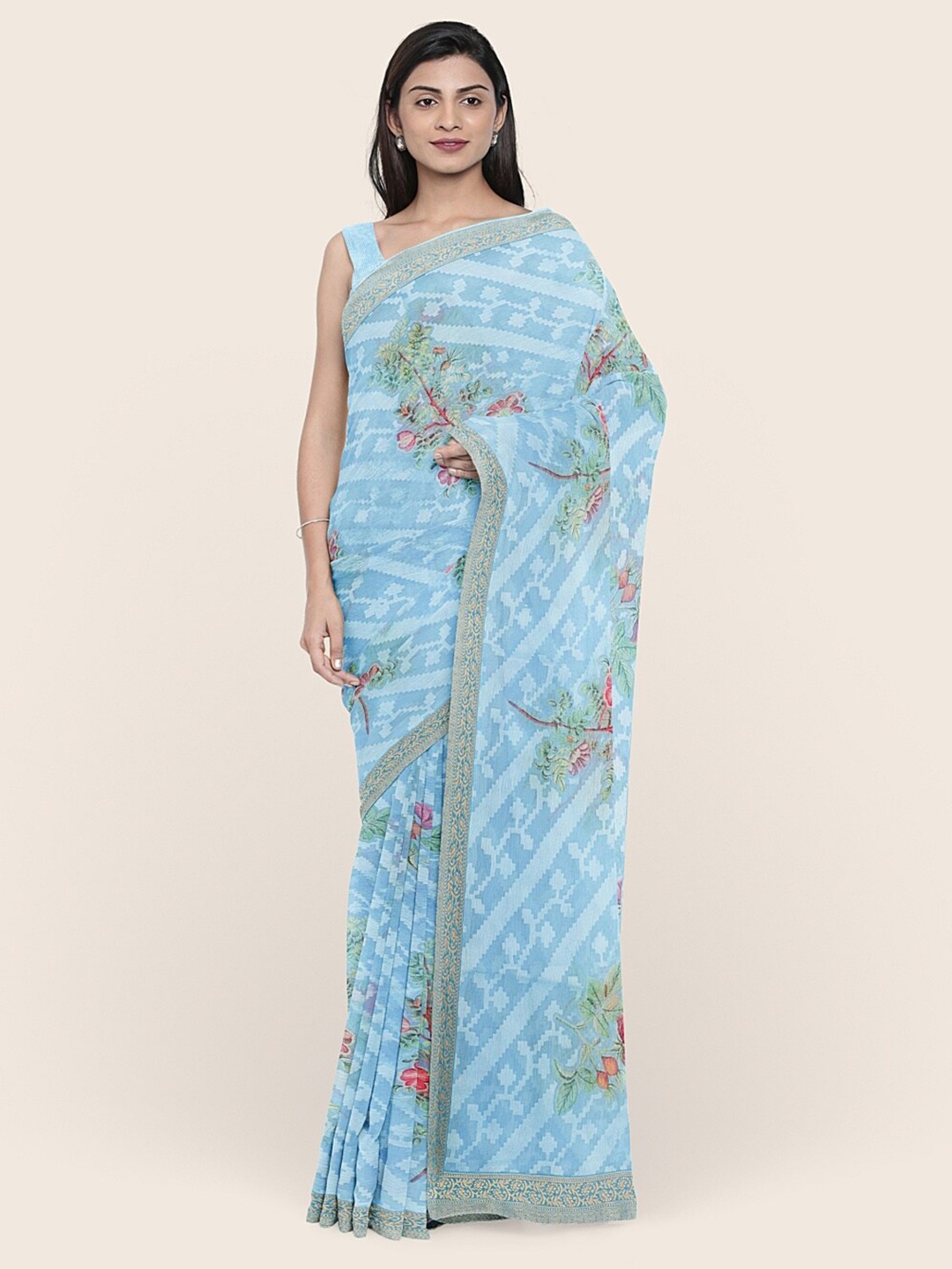 

Pothys Blue & Pink Floral Printed Saree