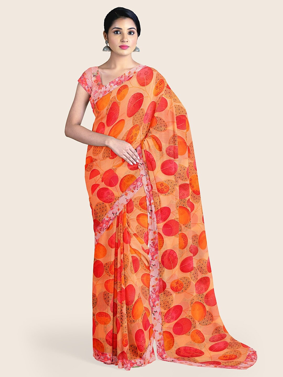 

Pothys Peach-Coloured & Red Floral Printed Saree