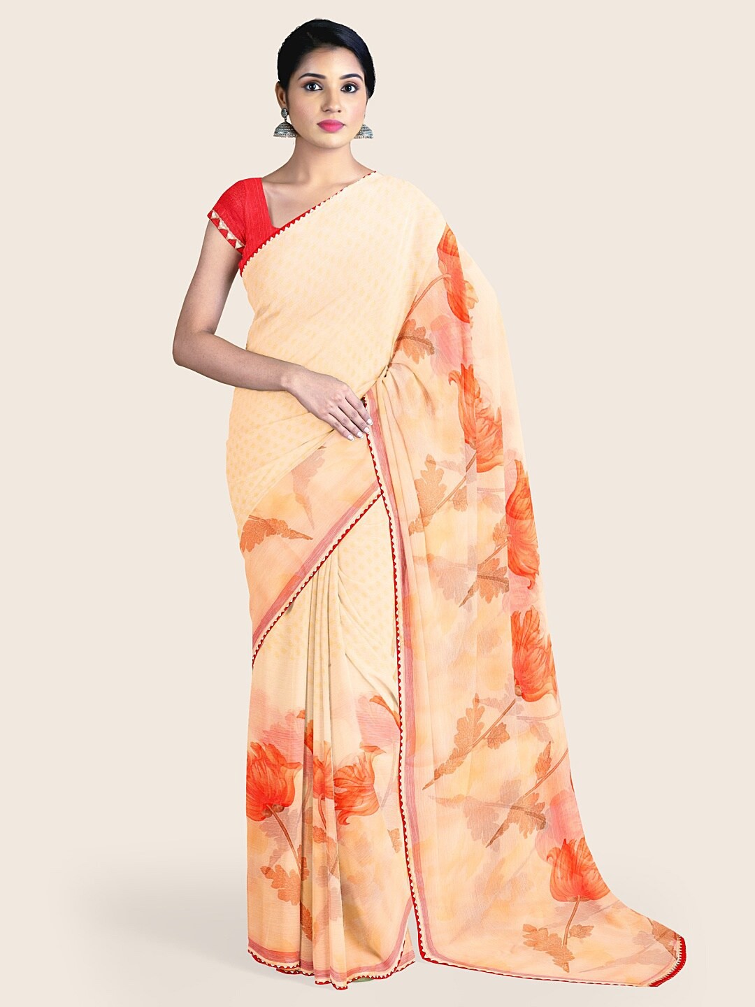 

Pothys Peach-Coloured & Orange Floral Saree