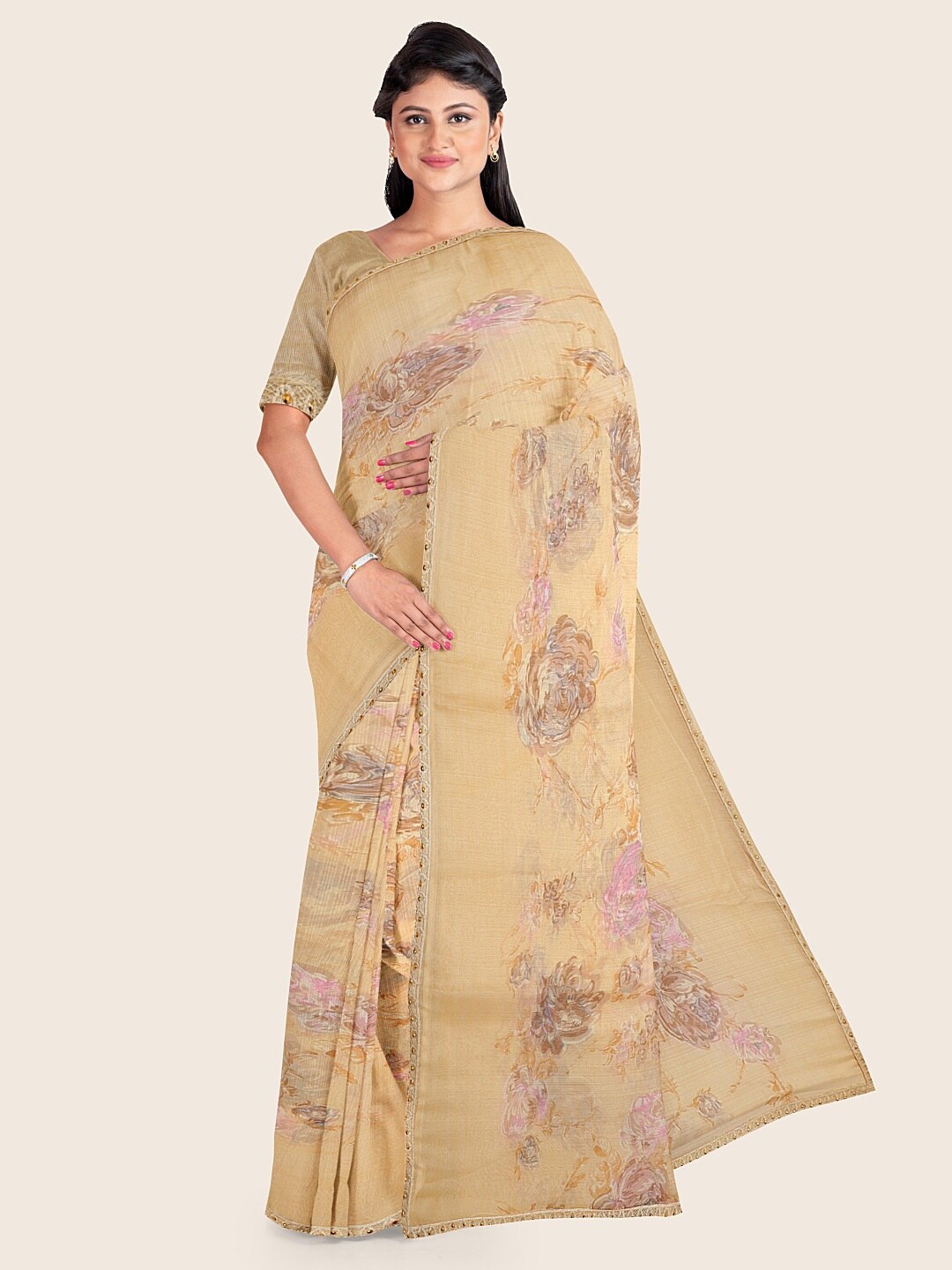 

Pothys Beige & Pink Floral Saree