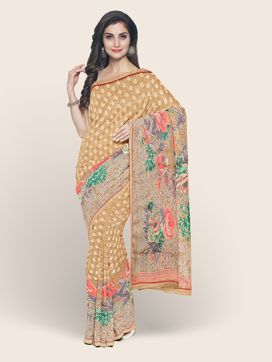 

Pothys Tan & Red Floral Printed Saree