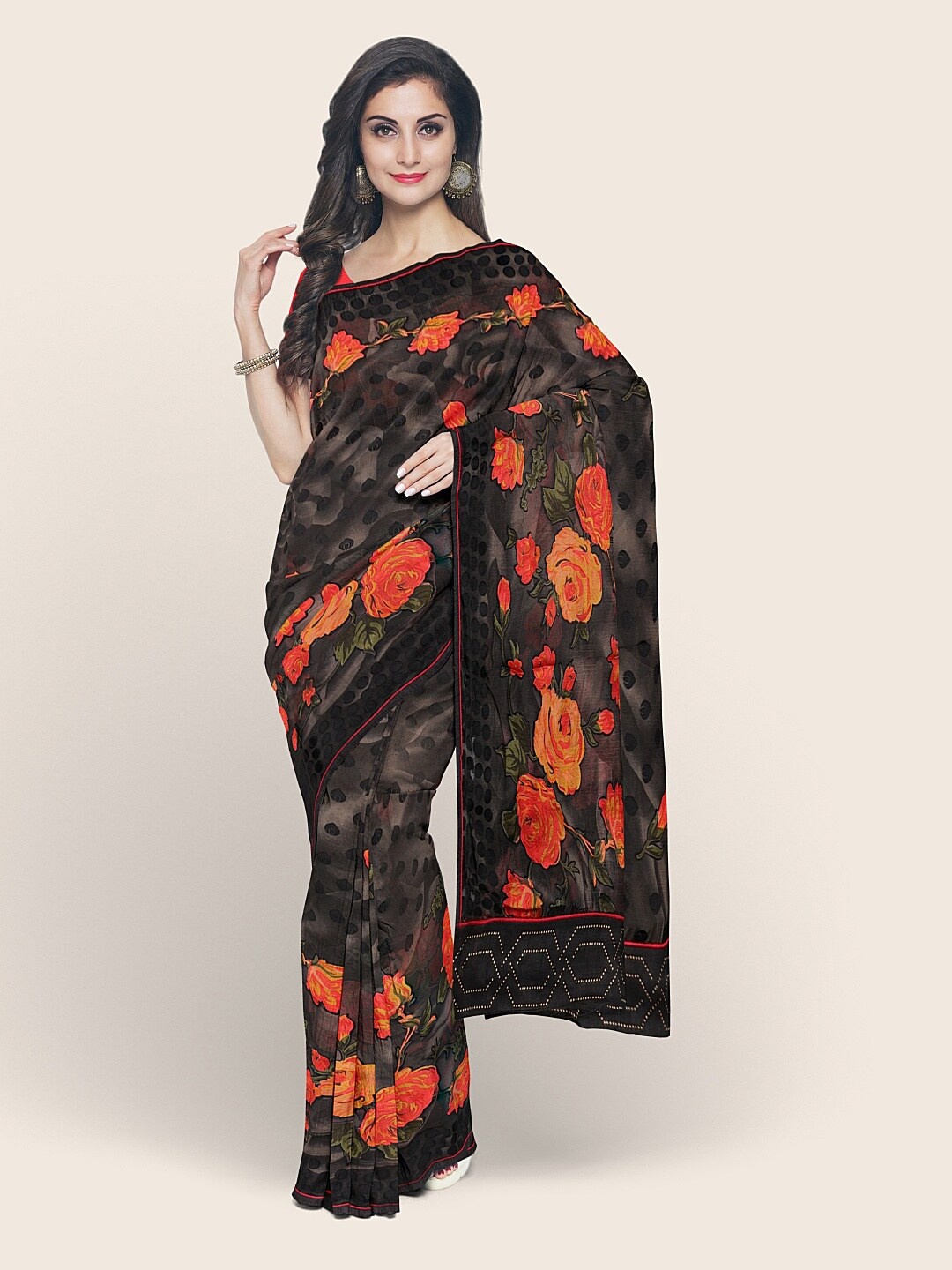 

Pothys Black & Orange Floral Saree