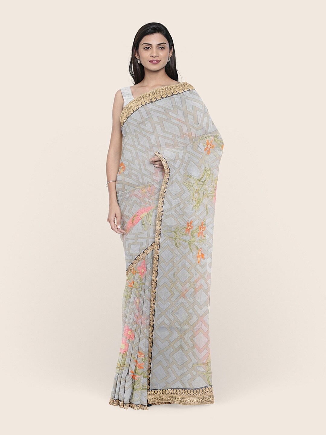 

Pothys Grey & Pink Floral Printed Saree