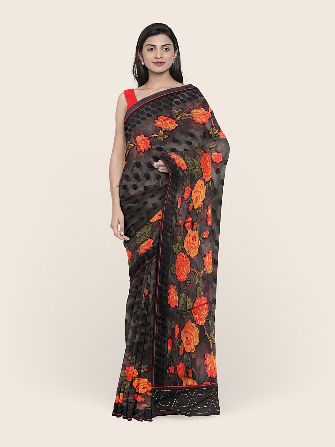 

Pothys Black & Orange Floral Saree