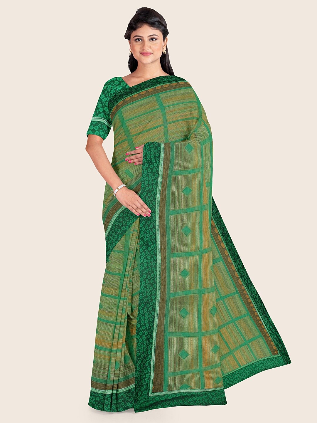 

Pothys Green Floral Printed Poly Chiffon Saree