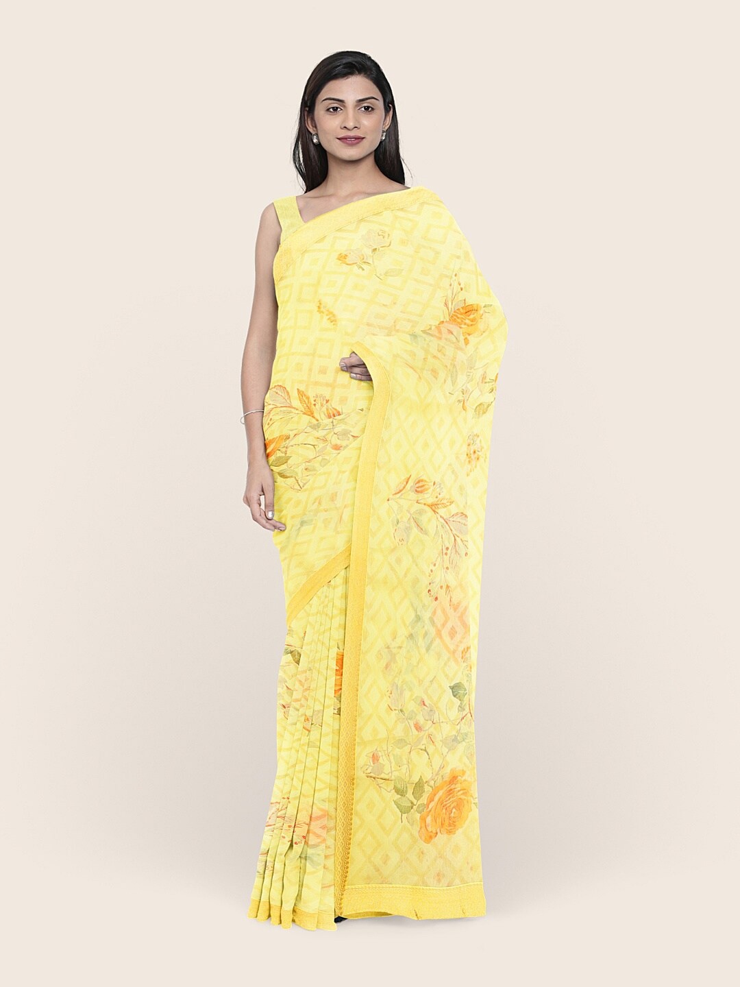 

Pothys Yellow & Orange Floral Printed Saree