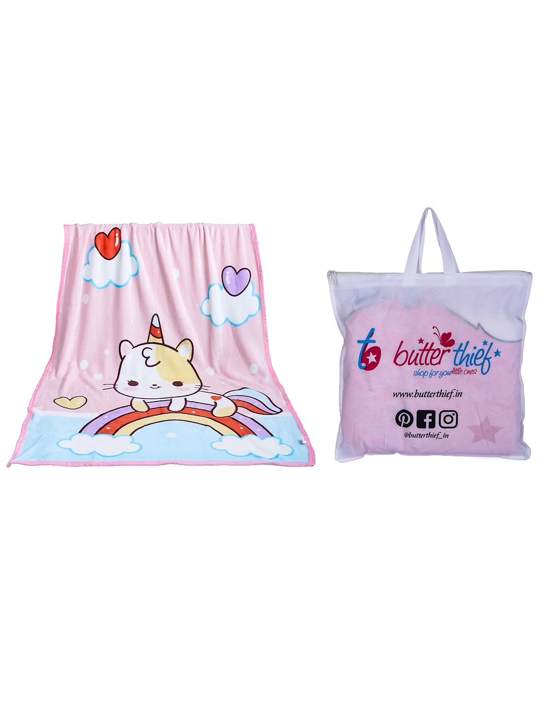 

Butterthief White & Pink Cartoon Characters Microfiber AC Room 233 GSM Single Bed Blanket