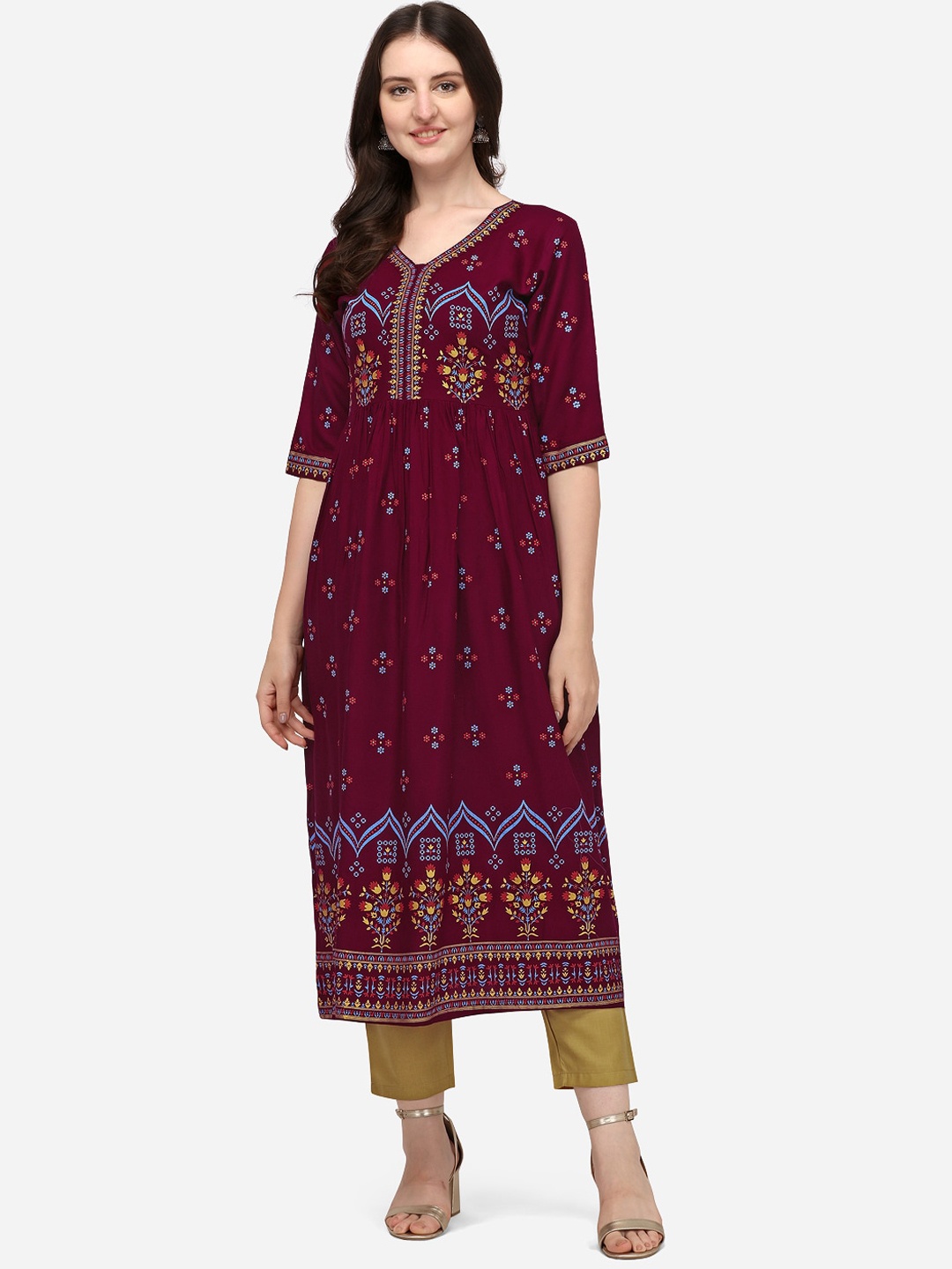 

Florence Women Burgundy Ethnic Motifs Printed Kurta With Trousers