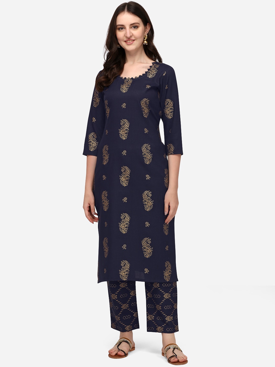 

Florence Women Navy Blue Ethnic Motifs Printed Pure Cotton Kurta With Palazzos