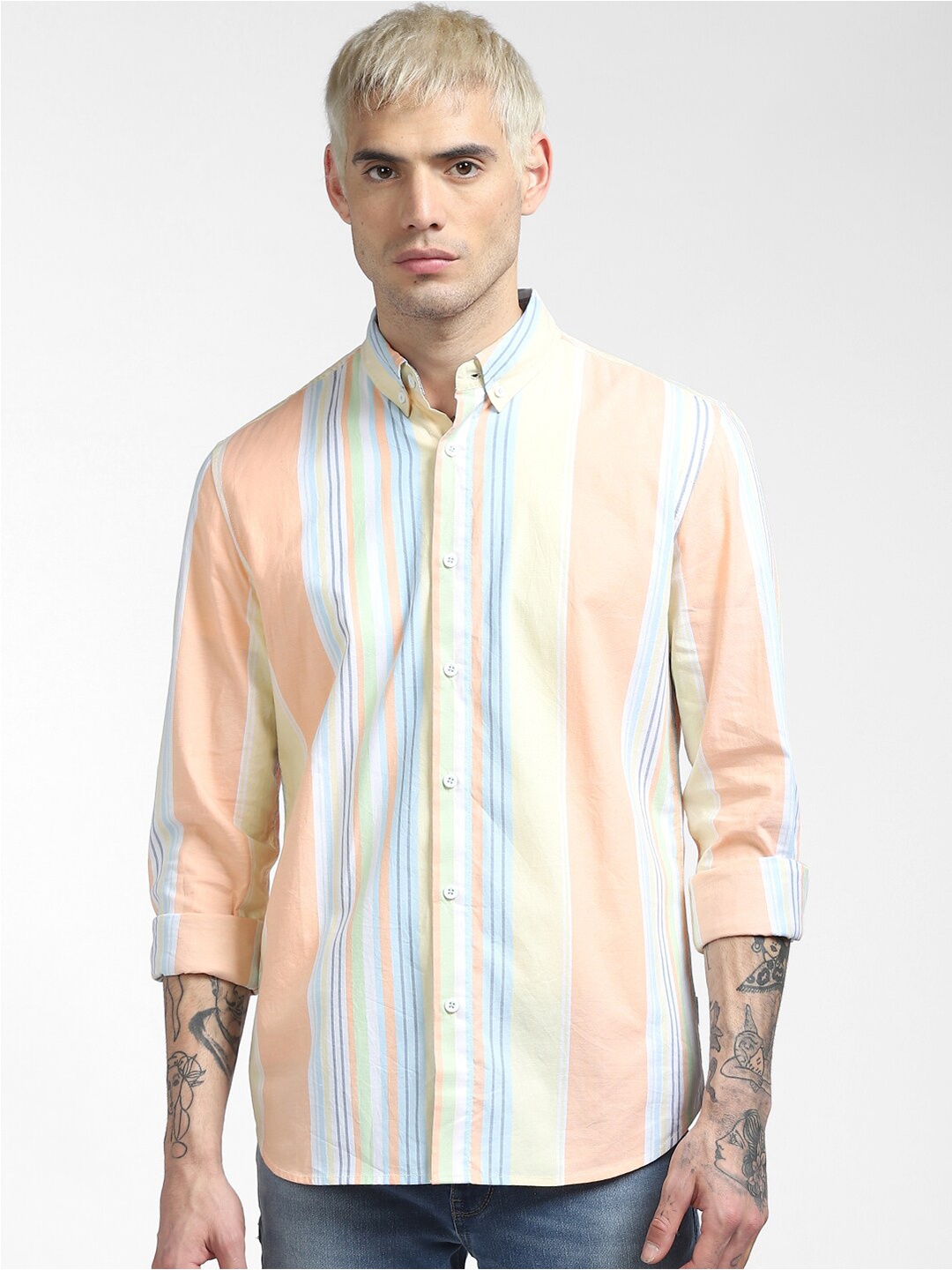 

Jack & Jones Men Orange & Yellow Striped Slim Fit Casual Shirt