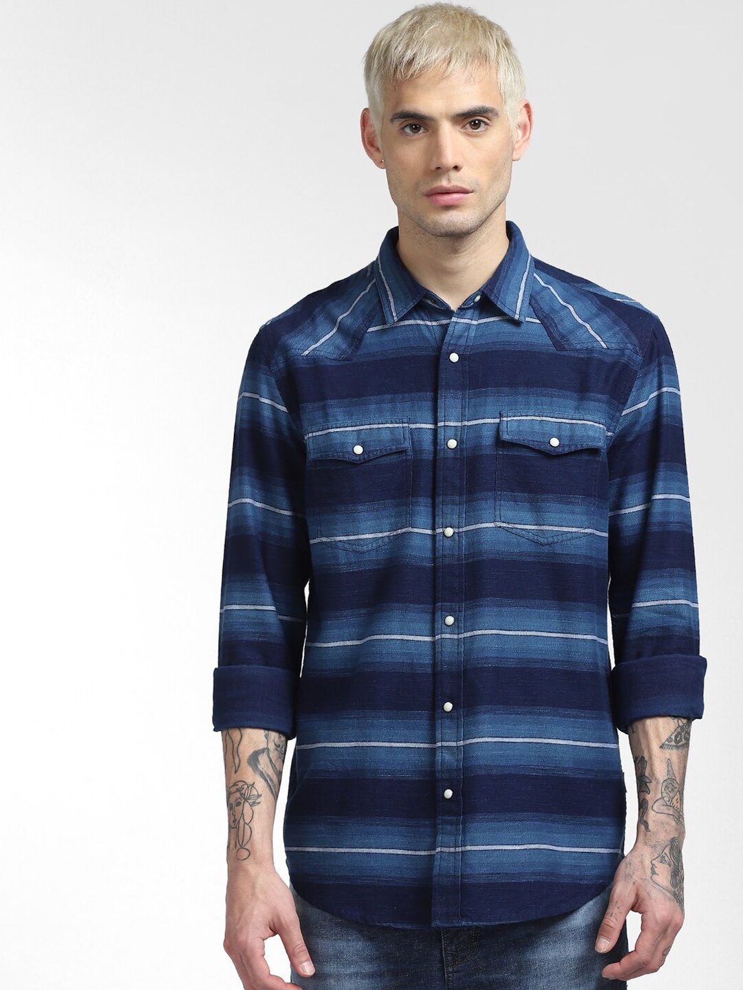 

Jack & Jones Men Blue Striped Cotton Casual Shirt