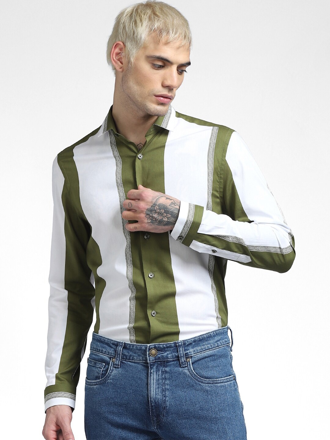 

Jack & Jones Men Green Slim Fit Striped Cotton Casual Shirt