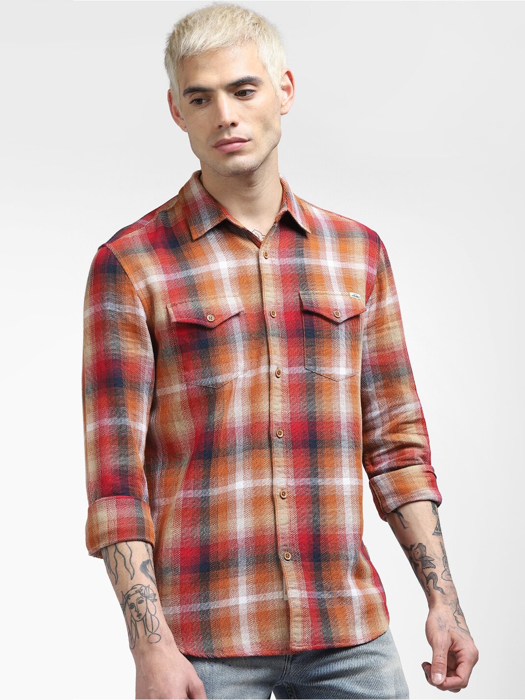 

Jack & Jones Men Mustard Tartan Checks Checked Cotton Casual Shirt
