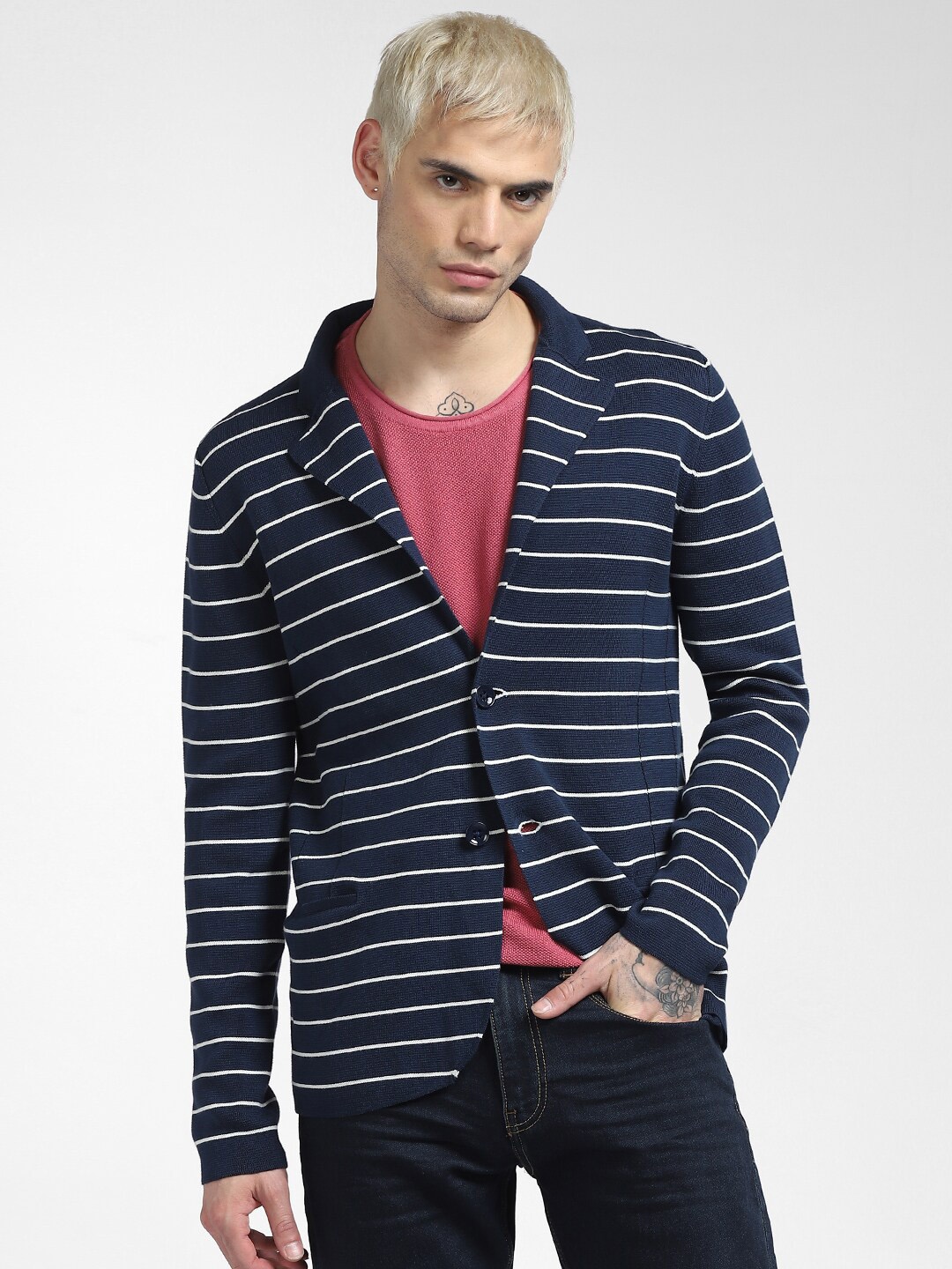 

Jack & Jones Men Navy Blue & White Striped Slim-Fit Casual Blazer