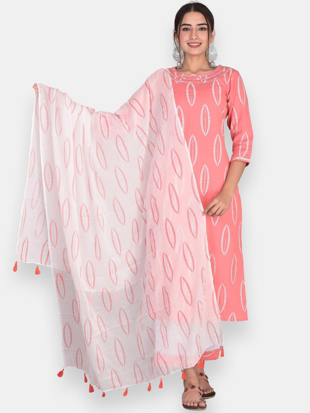 

VEDANA Women Peach-Coloured Ethnic Motifs Printed Pure Cotton Kurta Set