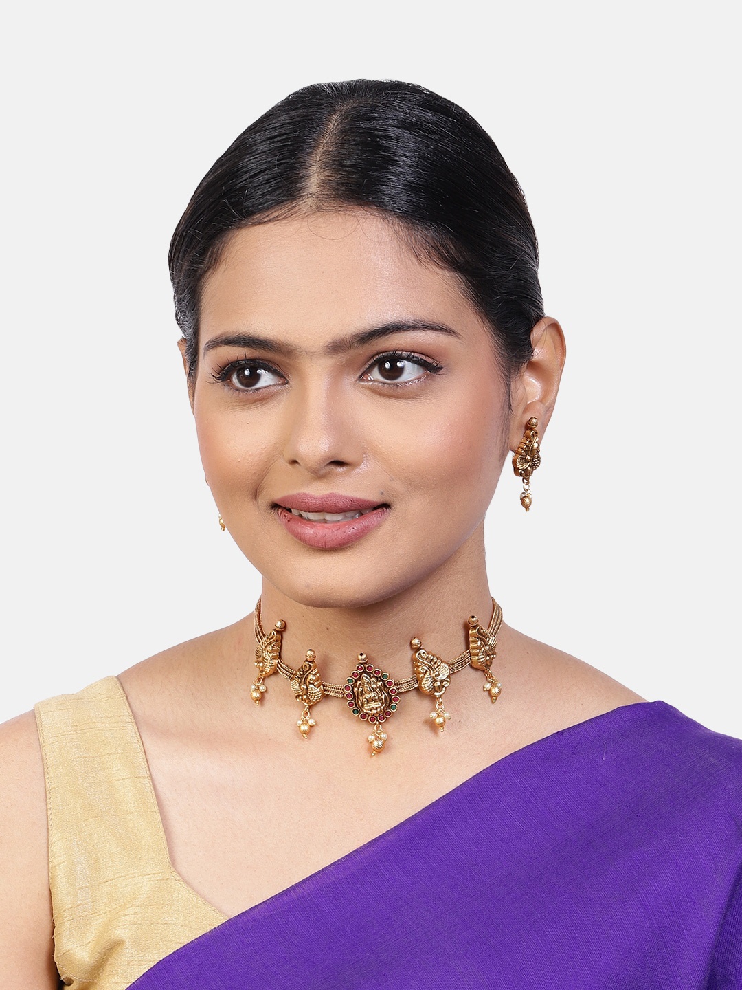 

GRIIHAM Gold-Plated Green & Red Stones-Studded & Beaded Choker Jewellery Set