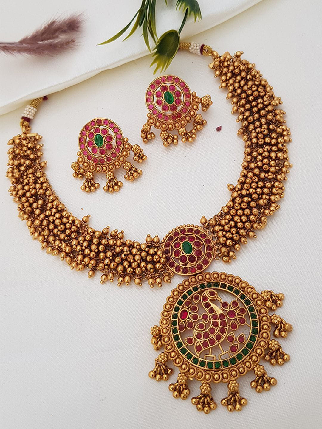 

GRIIHAM Gold-Plated Green & Pink AD-Studded Jewellery Set