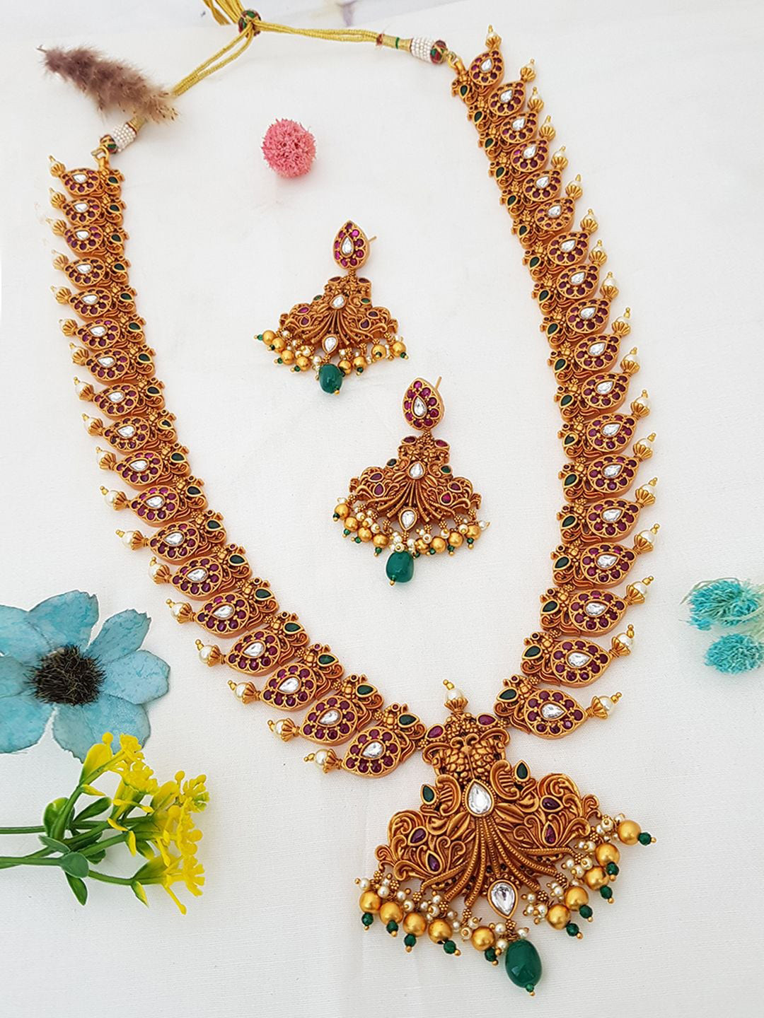 

GRIIHAM Gold-Plated Green & Pink AD Studded Jewellery Set