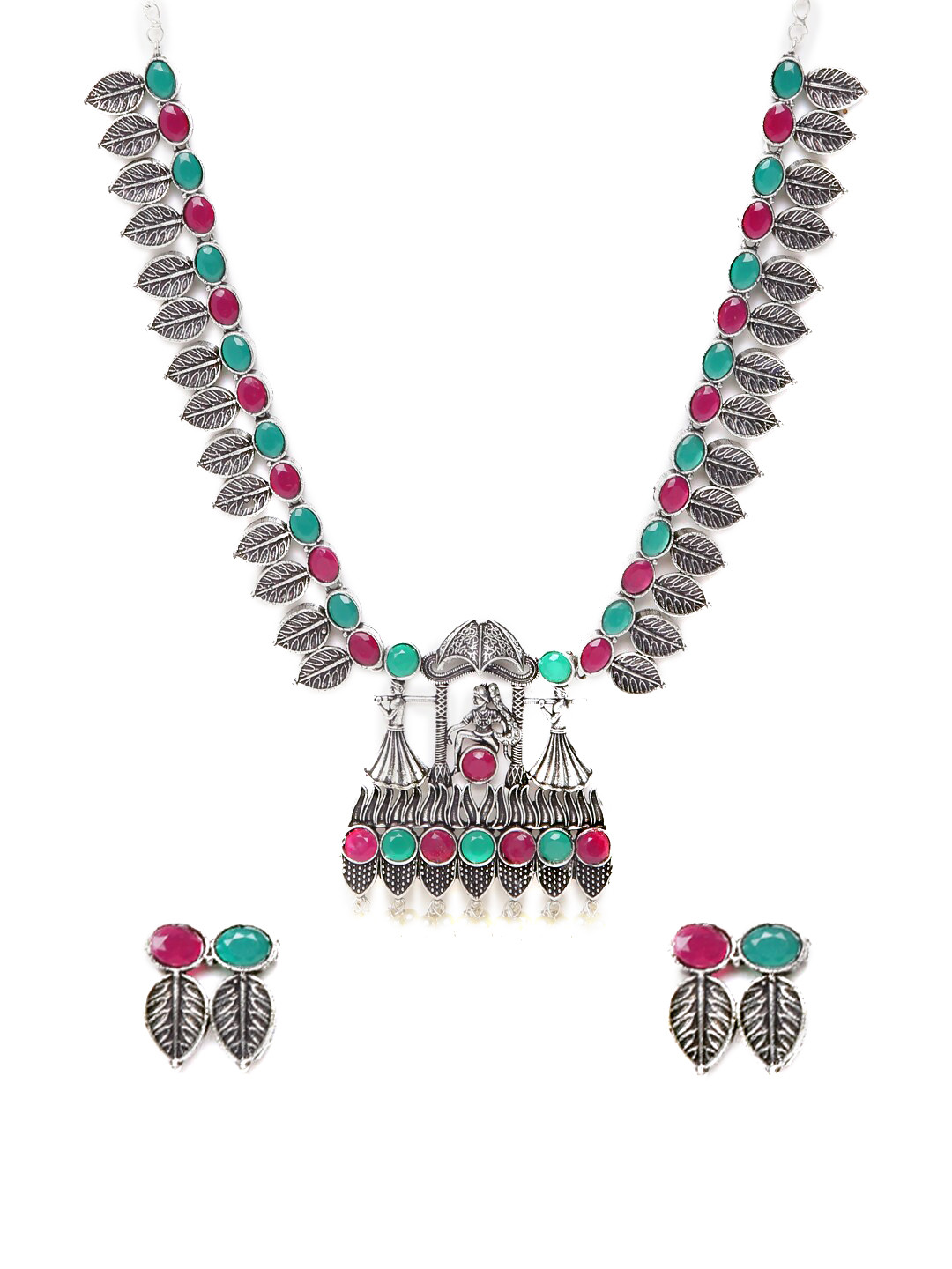 

GRIIHAM Oxidised Silver-Plated Green & Pink Stone-Studded Jewellery Set