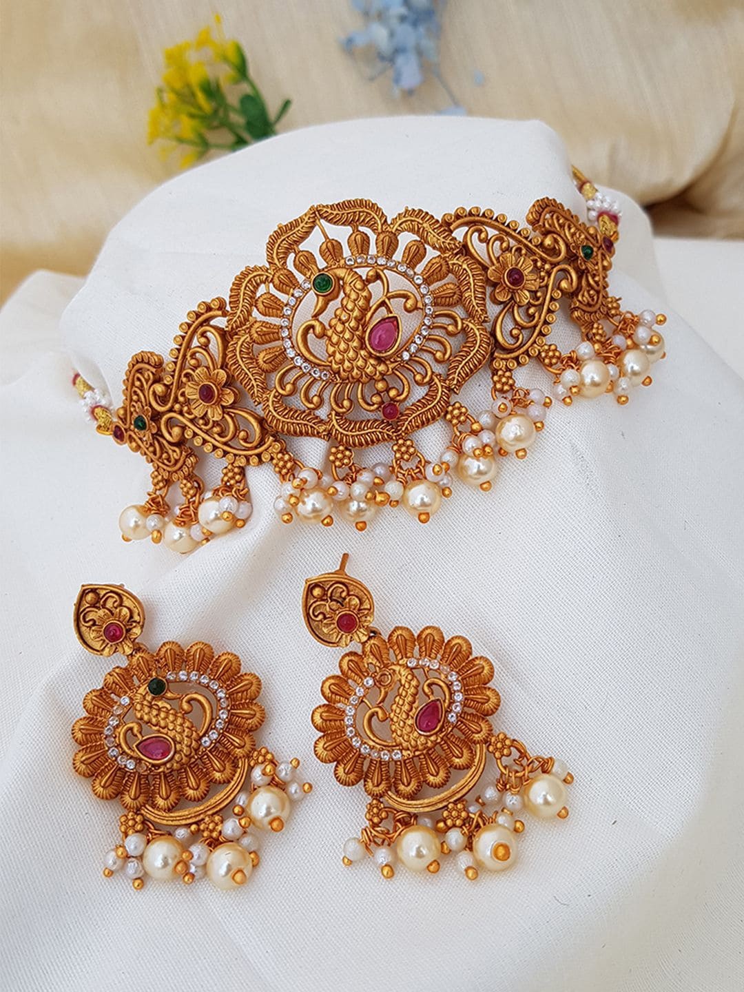 

GRIIHAM Pink & White Gold-Plated Stone-Studded & Beaded Peacock Jewellery Set