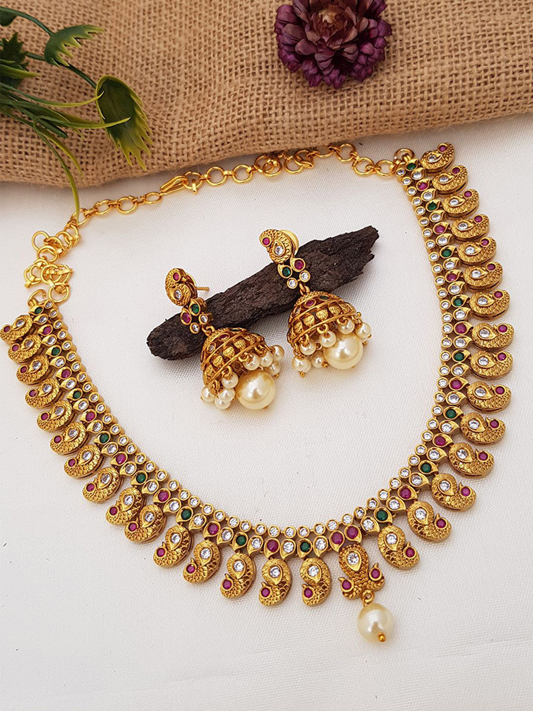 

GRIIHAM Gold-Plated Green & Pink AD-Studded Premium Mango Design Jewellery Set