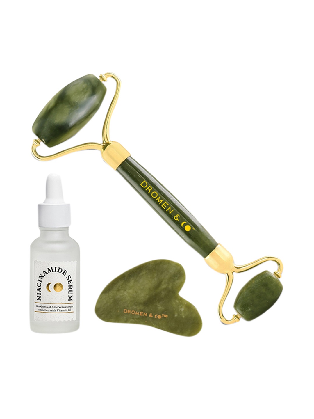 

DROMEN & CO Set of Jade Roller - Jade Gua Sha & Niacinamide Serum, Green