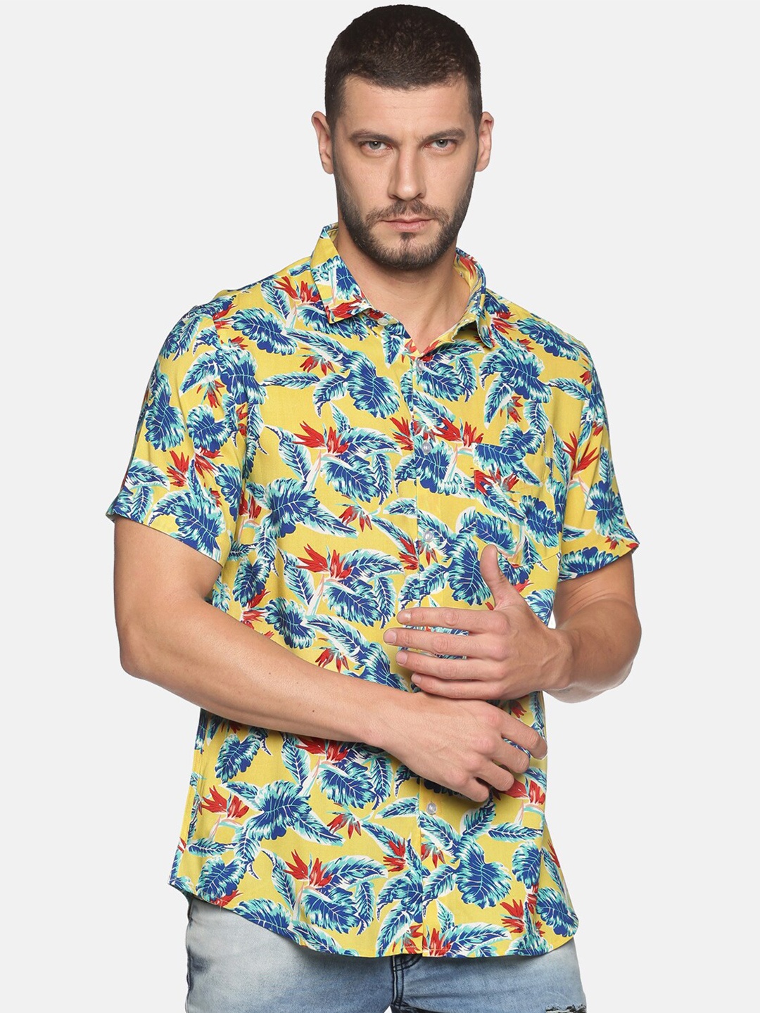 

Tusok Men Yellow Smart Floral Printed Winter Casual Shirt