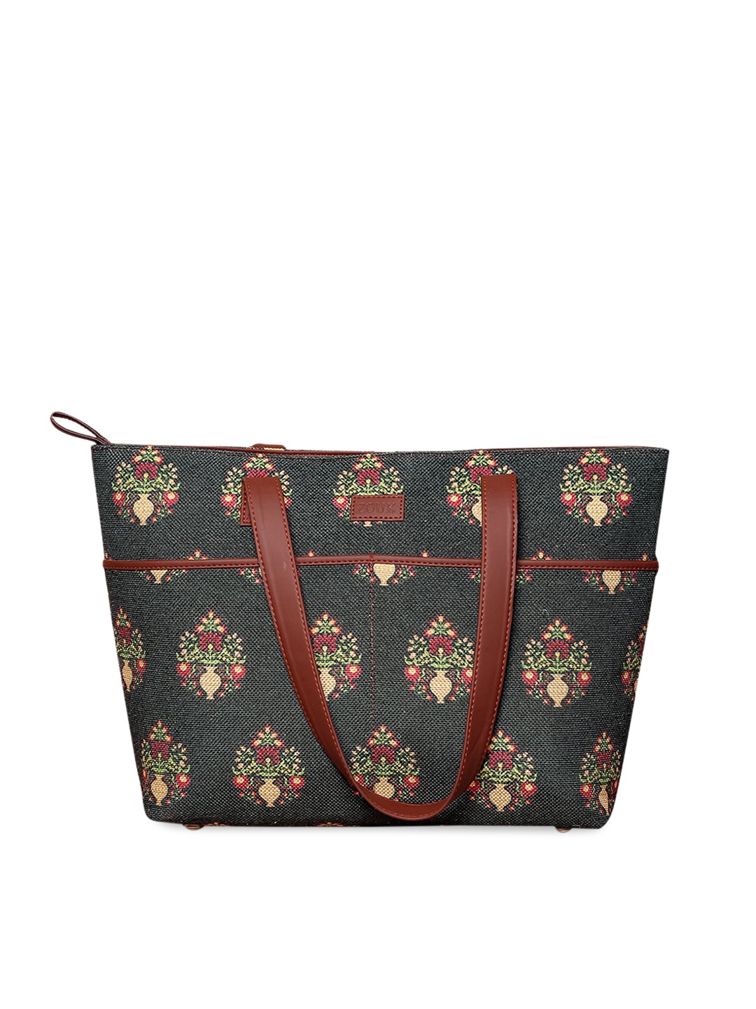 

ZOUK Green Floral Printed Structured Tote Bag