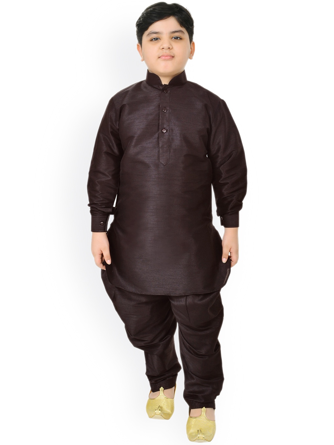 

SG YUVRAJ Boys Coffee Brown Solid Raw Silk Kurta Set
