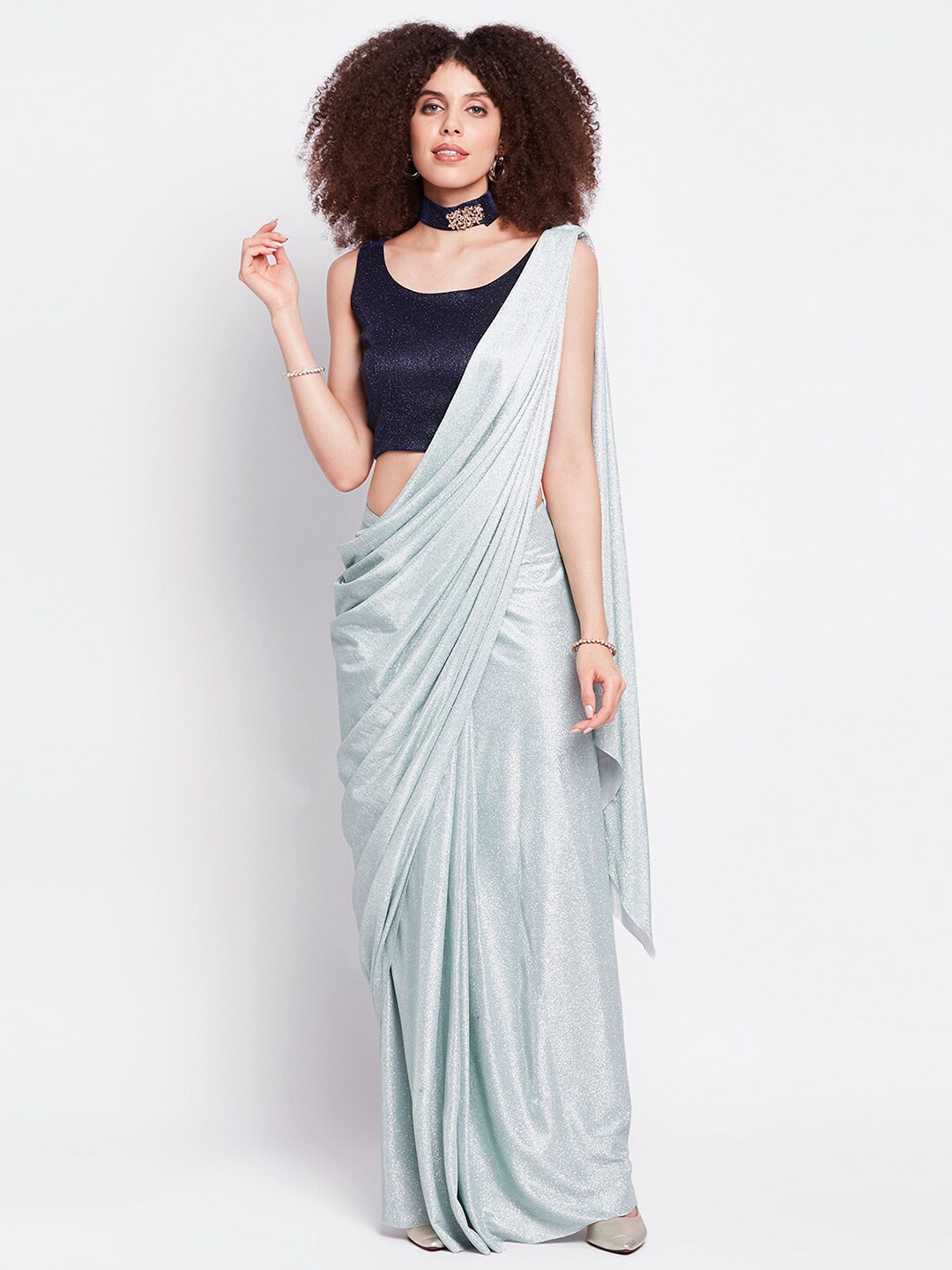 

Ira Soleil Sea Green Embellished Shimmer Ready to Wear Saree