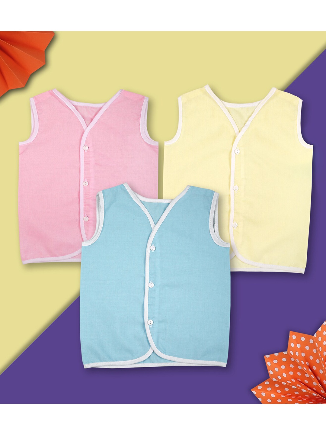 

Baby Moo Kids Blue & Yellow Pack of 3 Solid Cotton Innerwear Vests
