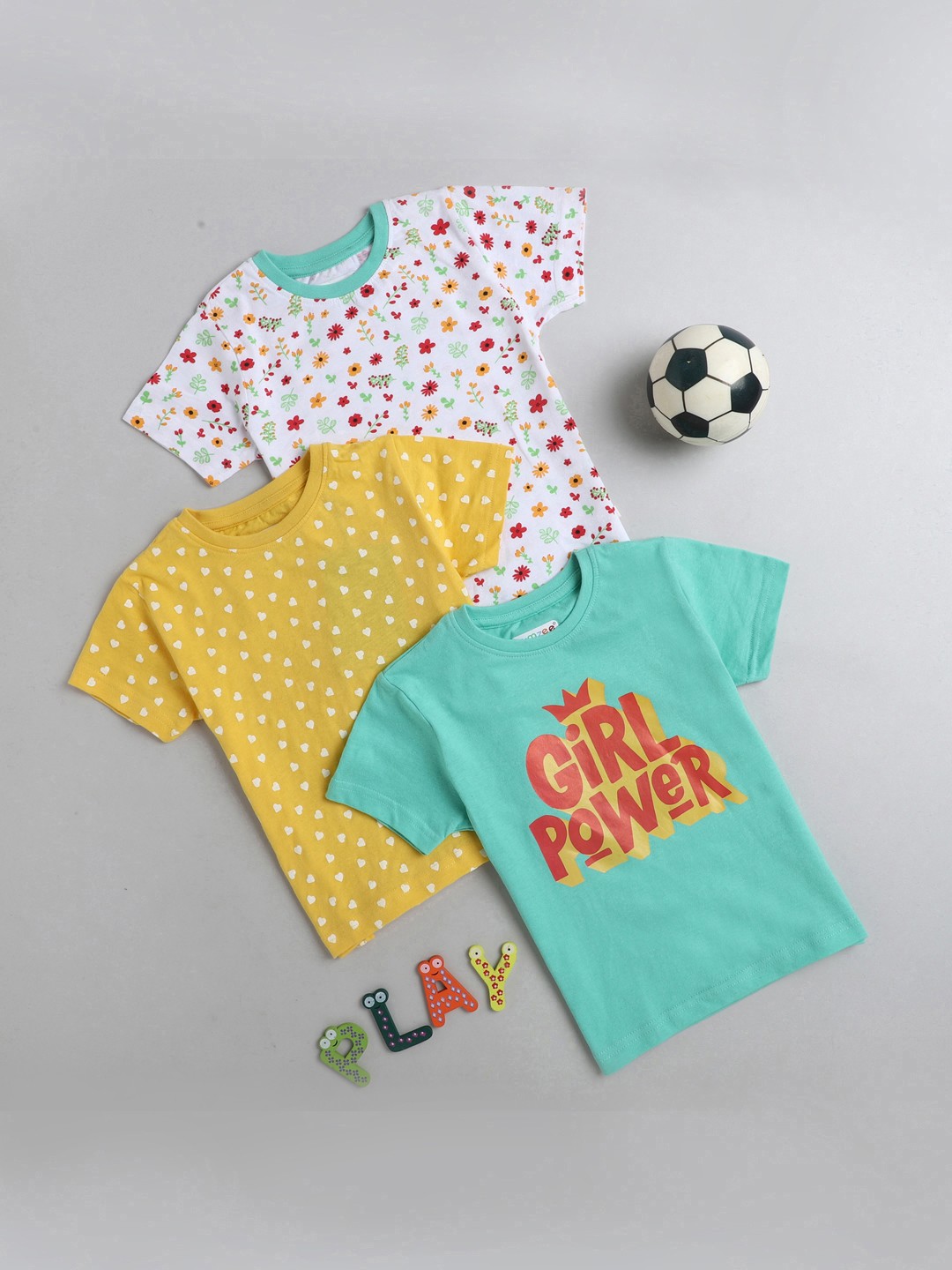 

BUMZEE Girls Pack of 3 Multicoloured 3 Printed Cotton Round Neck T-shirt, Multi