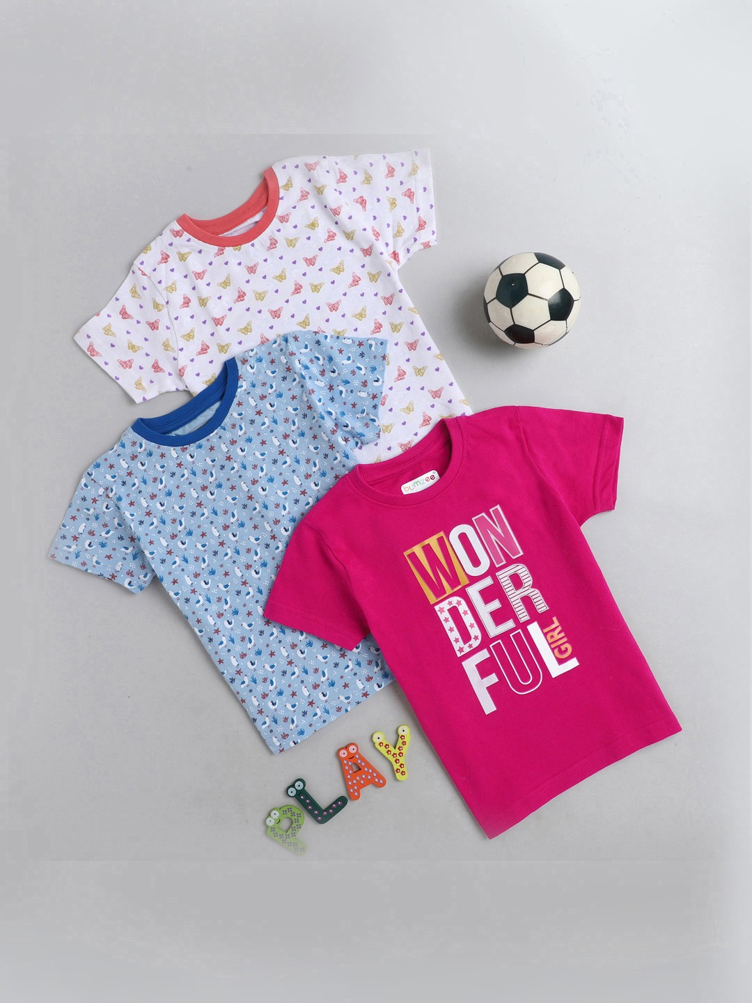 

BUMZEE Girls Pack of 3 Blue & Pink Printed T-shirts