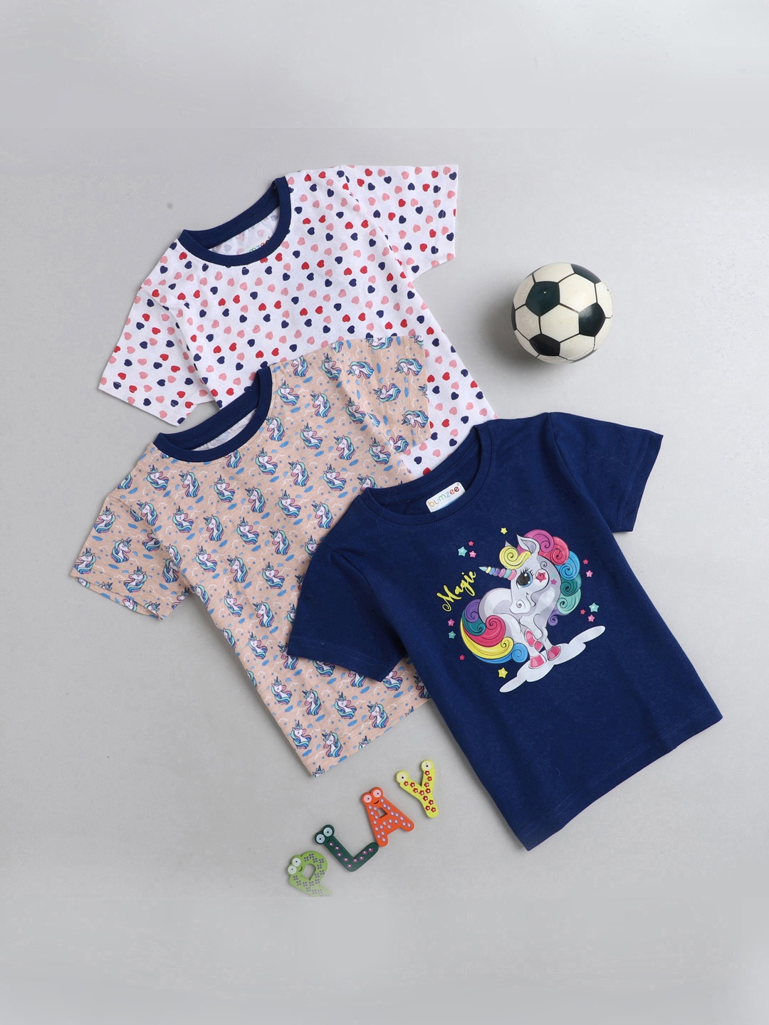 

BUMZEE Girls Navy Blue & Off-White Pack Of 3 Printed T-shirts