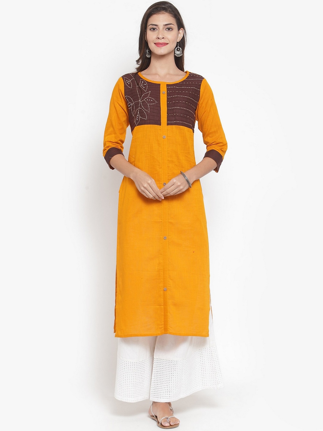 

KSUT Women Mustard Yellow Yoke Design Thread Work Kurta