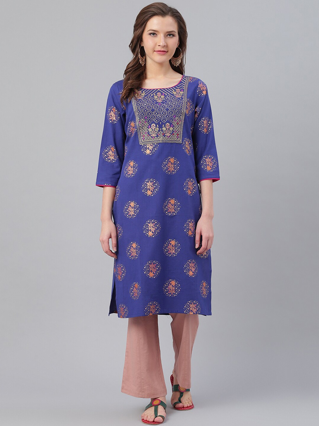 

KSUT Women Blue & Gold-Toned Ethnic Motifs Printed Cotton Kurta