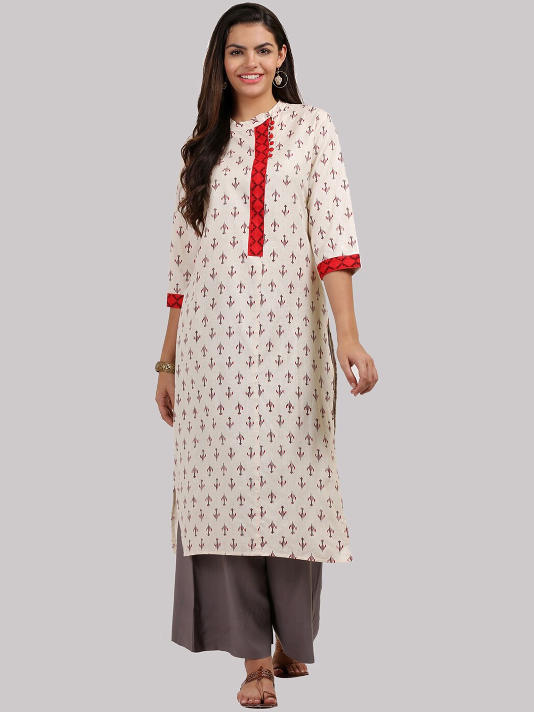 

KSUT Women Beige & Red Cotton Ethnic Motifs Printed Thread Work Kurta