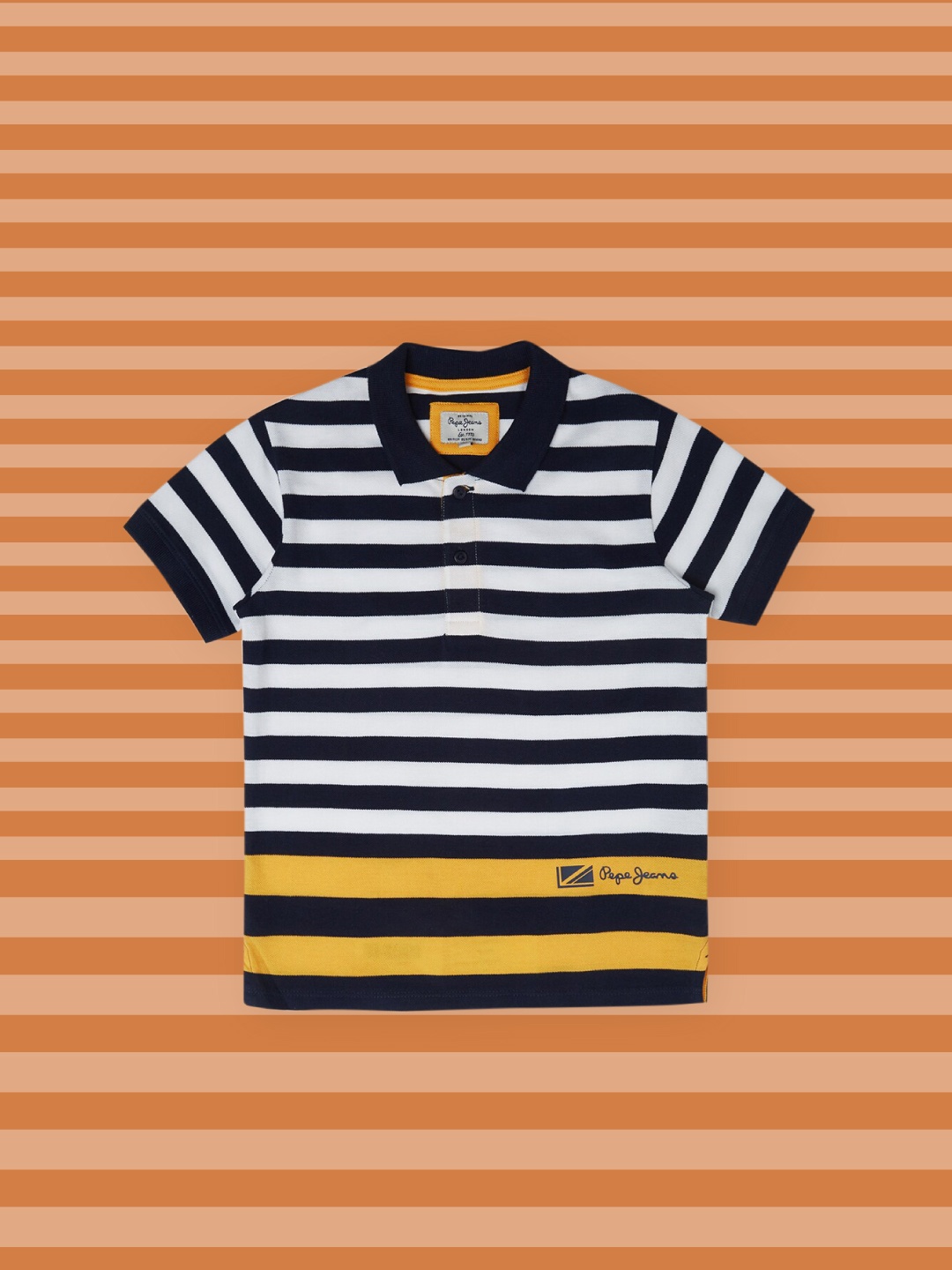

Pepe Jeans Boys Yellow & Navy Blue Striped Polo Collar T-shirt