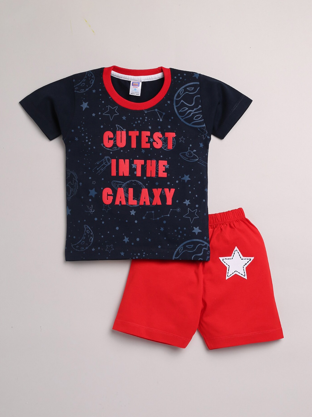 

Nottie Planet Boys Navy Blue & Red Printed Pure Cotton Co-Ords