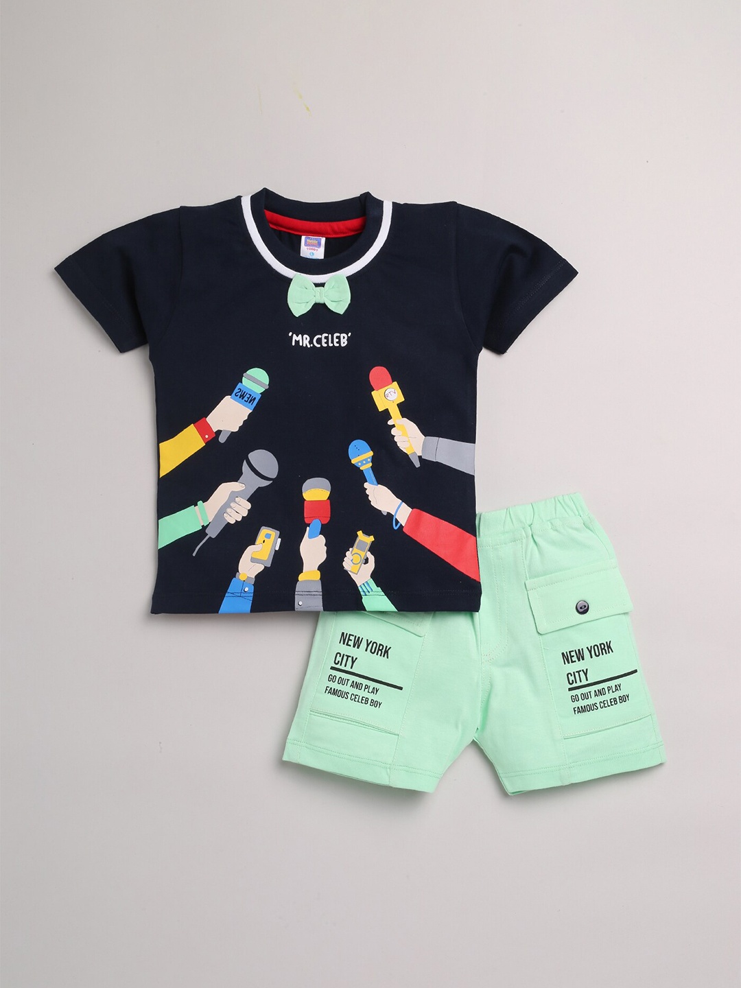 

Nottie Planet Boys Navy Blue & Green Printed T-shirt with Shorts