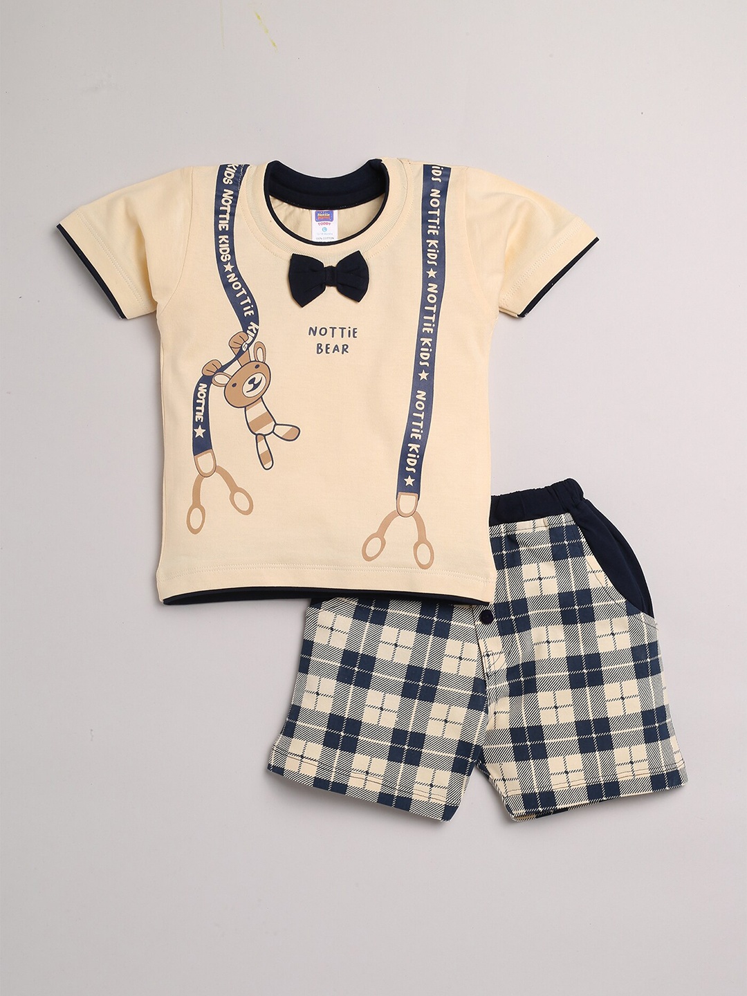 

Nottie Planet Boys Beige & Navy Blue Printed Cotton T-Shirt & Shorts