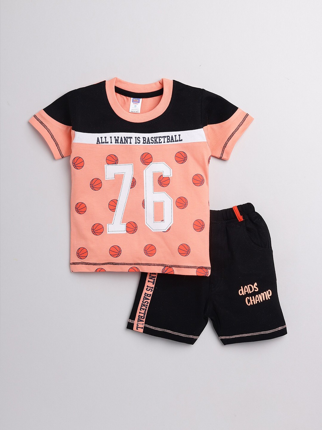 

Nottie Planet Boys Peach-Coloured & Black Printed Cotton T-Shirt & Shorts