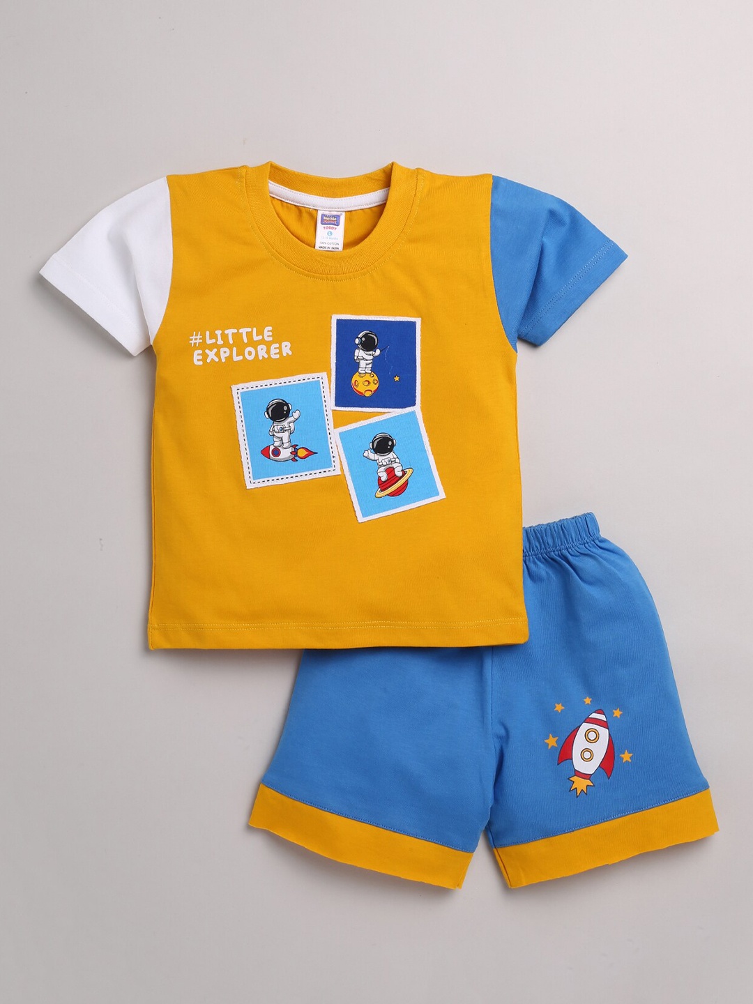 

Nottie Planet Boys Mustard & Blue Printed T-shirt with Shorts
