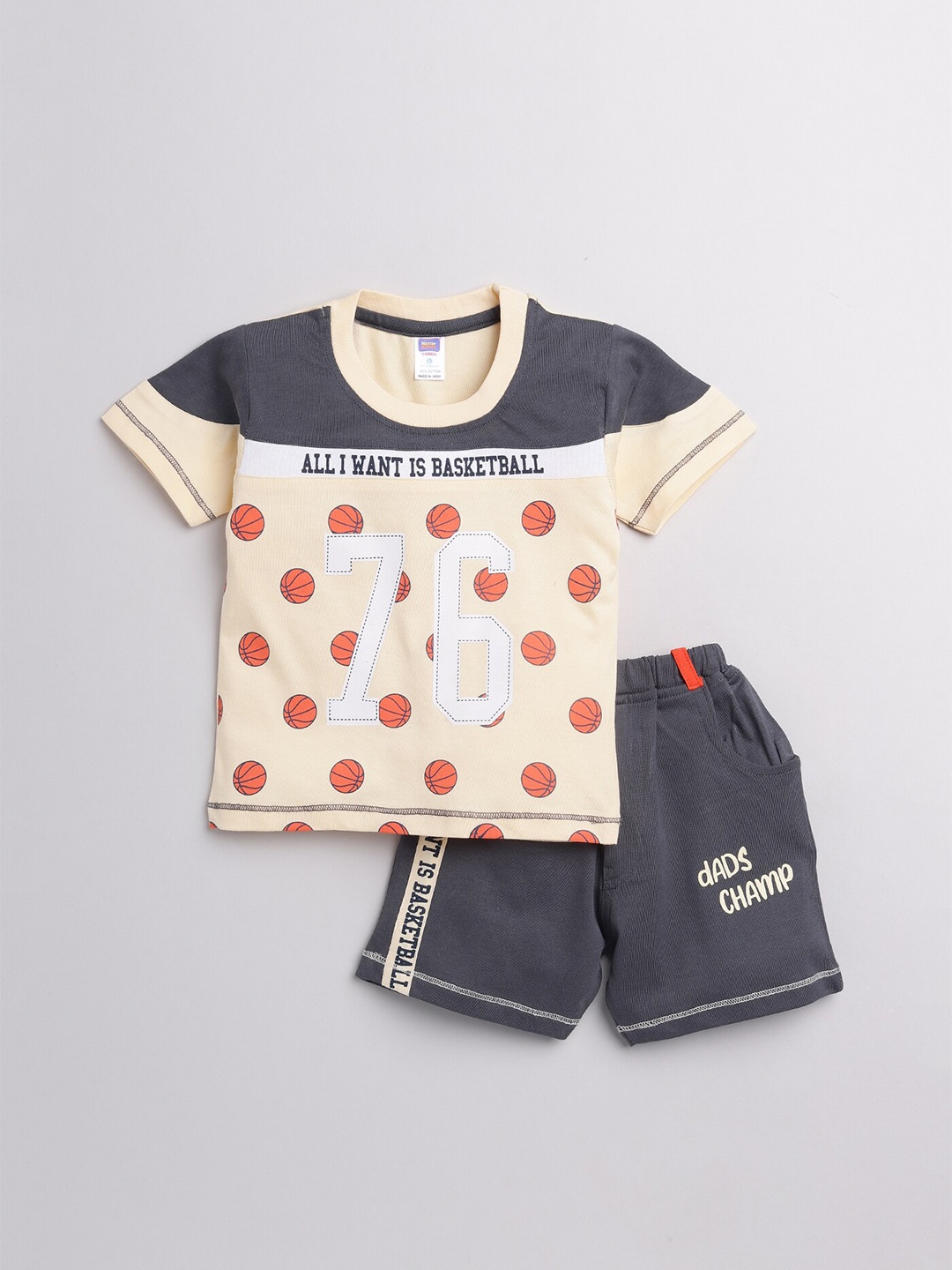 

Nottie Planet Boys Yellow & Charcoal Grey Printed Pure Cotton T-shirt With Shorts