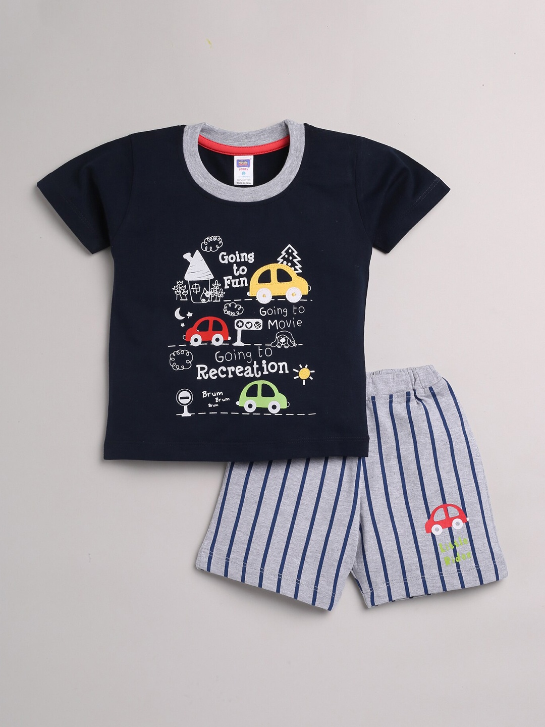 

Nottie Planet Boys Navy Black & Grey Pure Cotton Printed T-shirt & Shorts, Navy blue