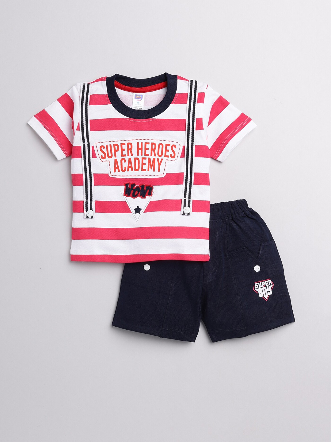 

Nottie Planet Boys Red & Navy Blue Pure Cotton Striped T-shirt & Shorts