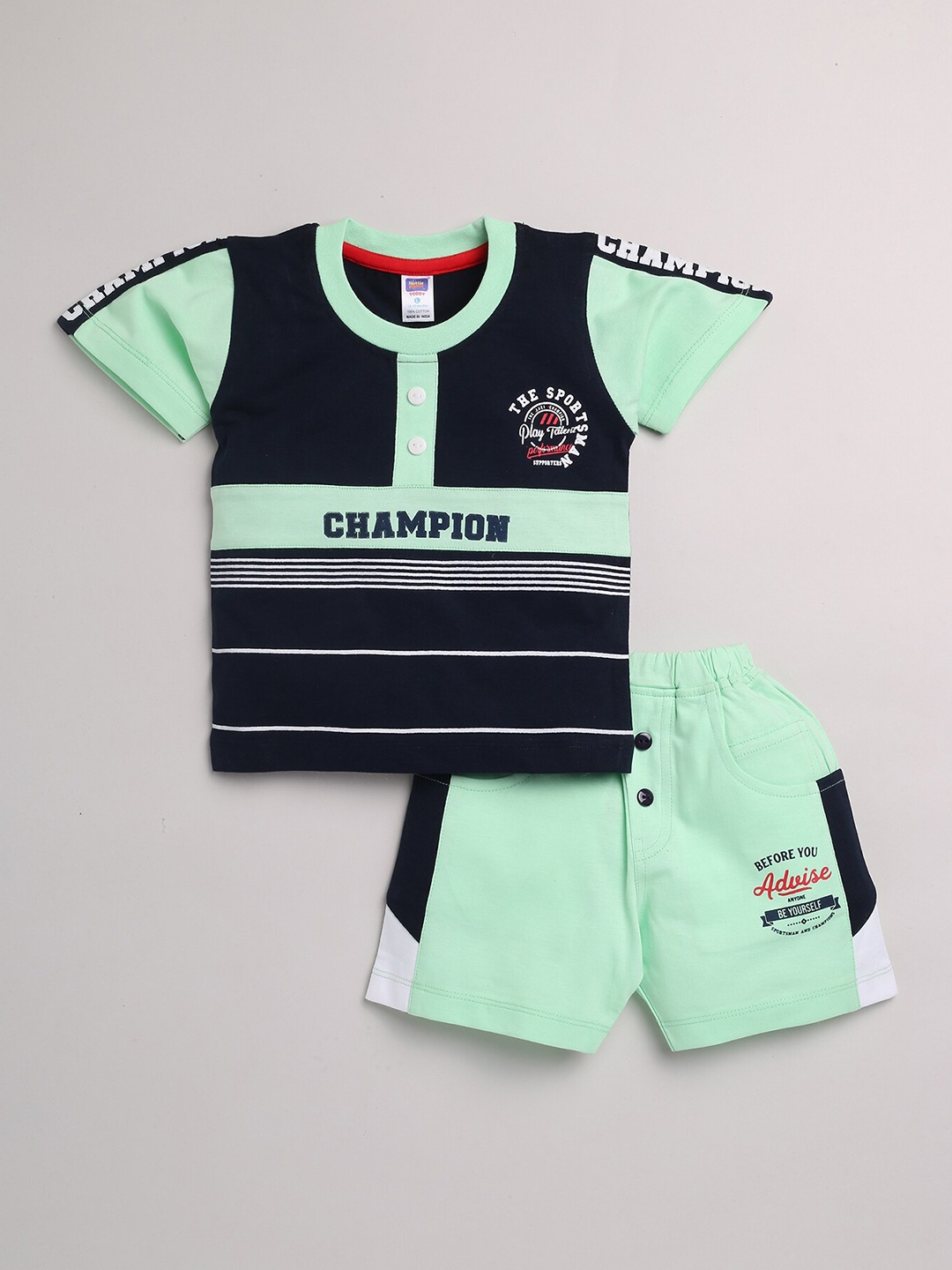 

Nottie Planet Boys Green & Navy Blue Printed T-shirt with Shorts