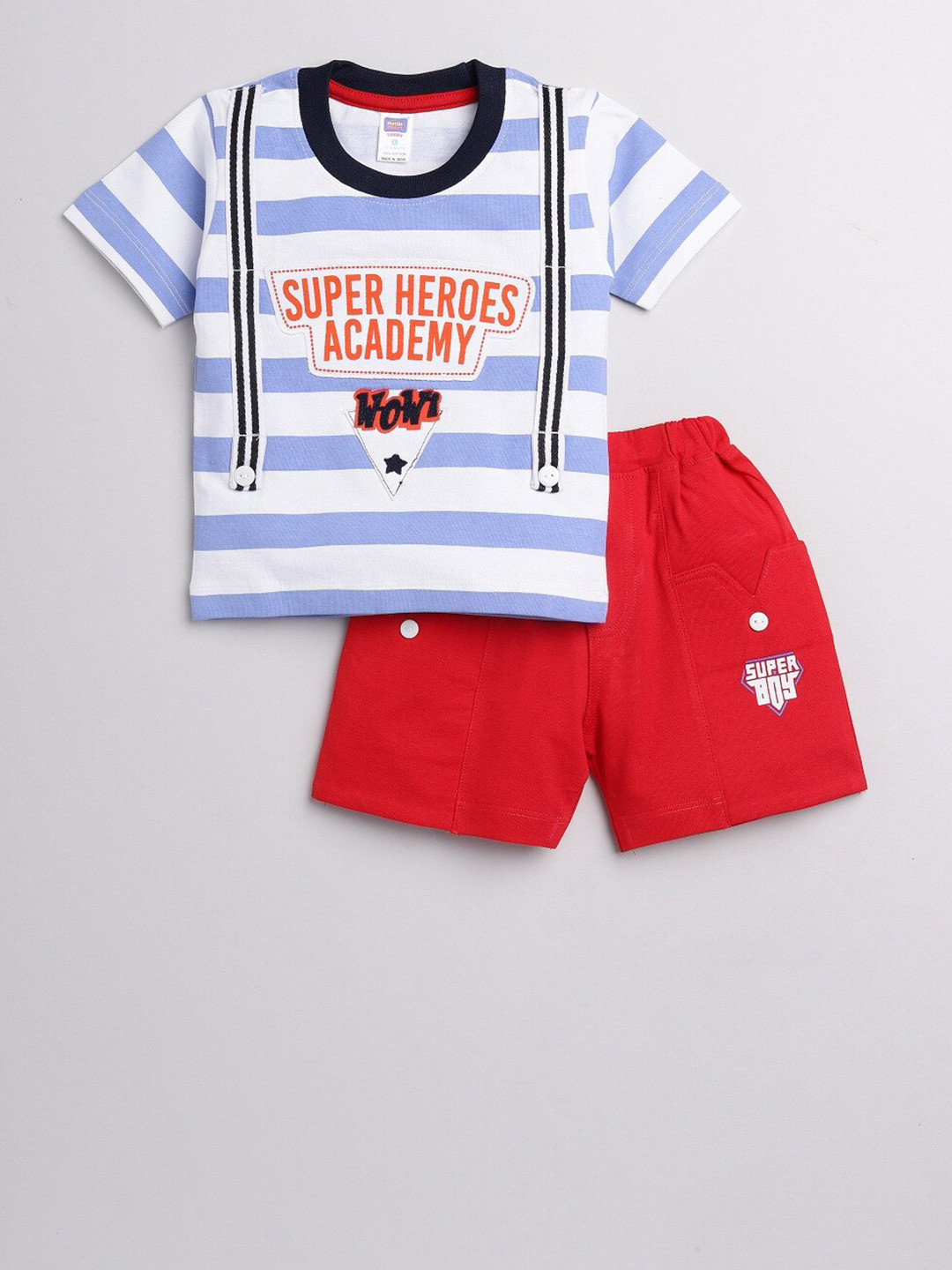 

Nottie Planet Boys Blue & Red Striped Pure Cotton T-Shirt & Shorts