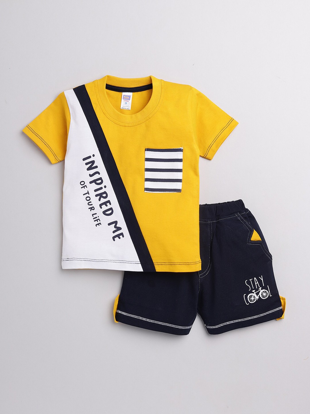 

Nottie Planet Boys Yellow & Navy Blue Pure Cotton T-shirt With Shorts